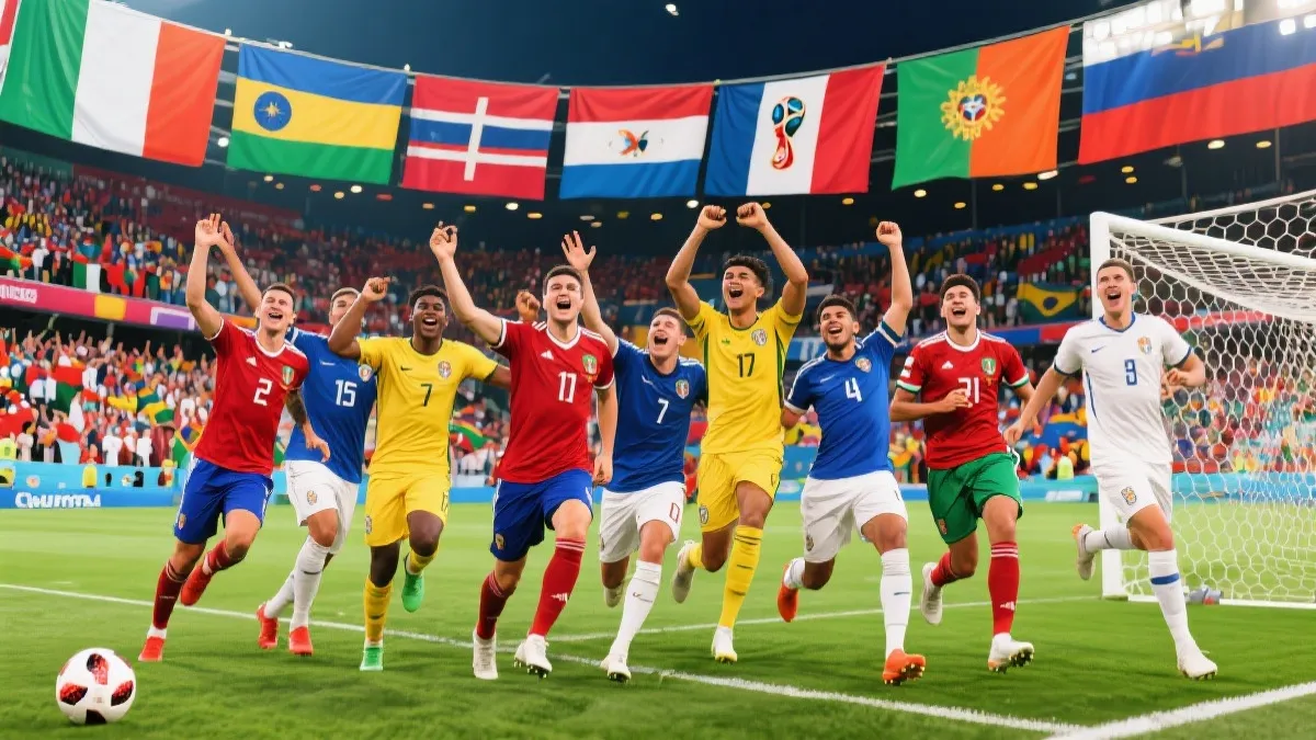 来自不同国家的球员在世界杯场边庆祝进球，象征新晋黑马与中小球队的崛起