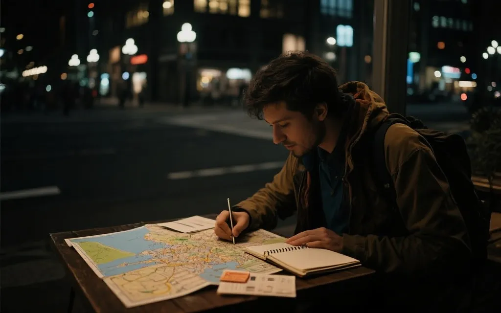 观赛者在城市夜景中规划预算：笔记本与地图，强调锁价与时间节点