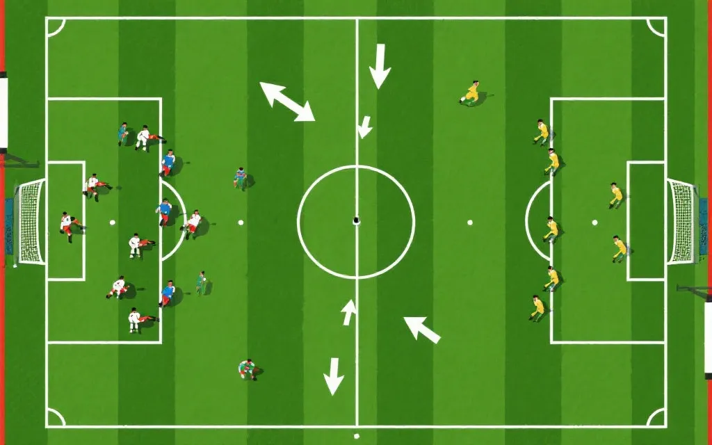 球场俯视图中不同压迫高度与阵型变化的战术示意