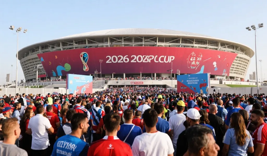 2026世界杯体育场外景,人潮涌动,充满期待的球迷